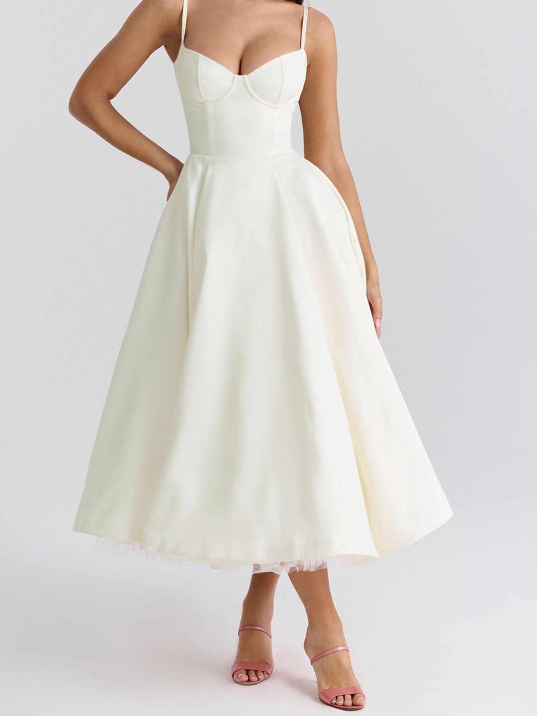 Women's Wedding Guest Midi Dress with Sweetheart Neckline and Fit and Flare Skirt