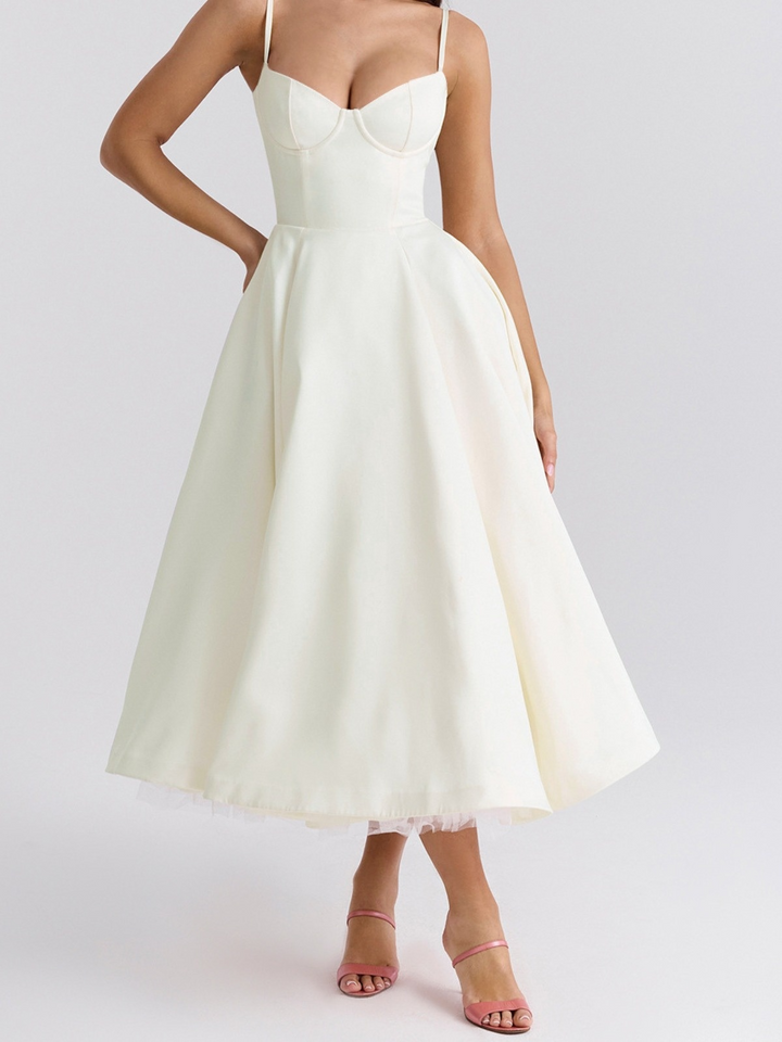 Women's Wedding Guest Midi Dress with Sweetheart Neckline and Fit and Flare Skirt