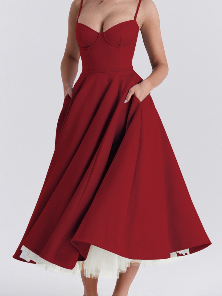 Women's Wedding Guest Midi Dress with Sweetheart Neckline and Fit and Flare Skirt