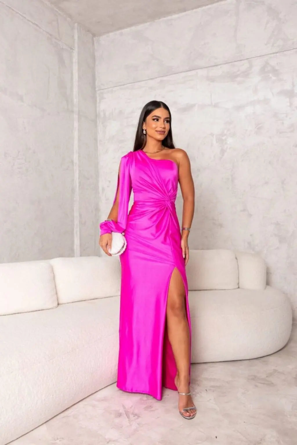 Women's One Shoulder Maxi Dress with Ruched Waist and Thigh Split
