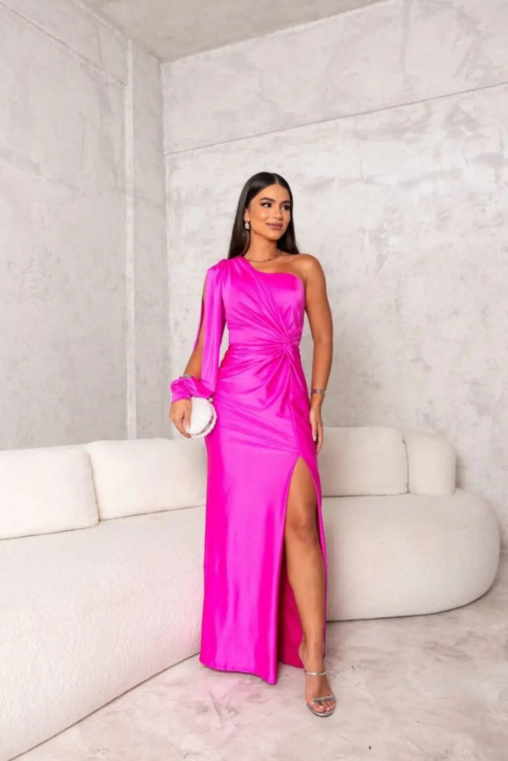 Women's One Shoulder Maxi Dress with Ruched Waist and Thigh Split