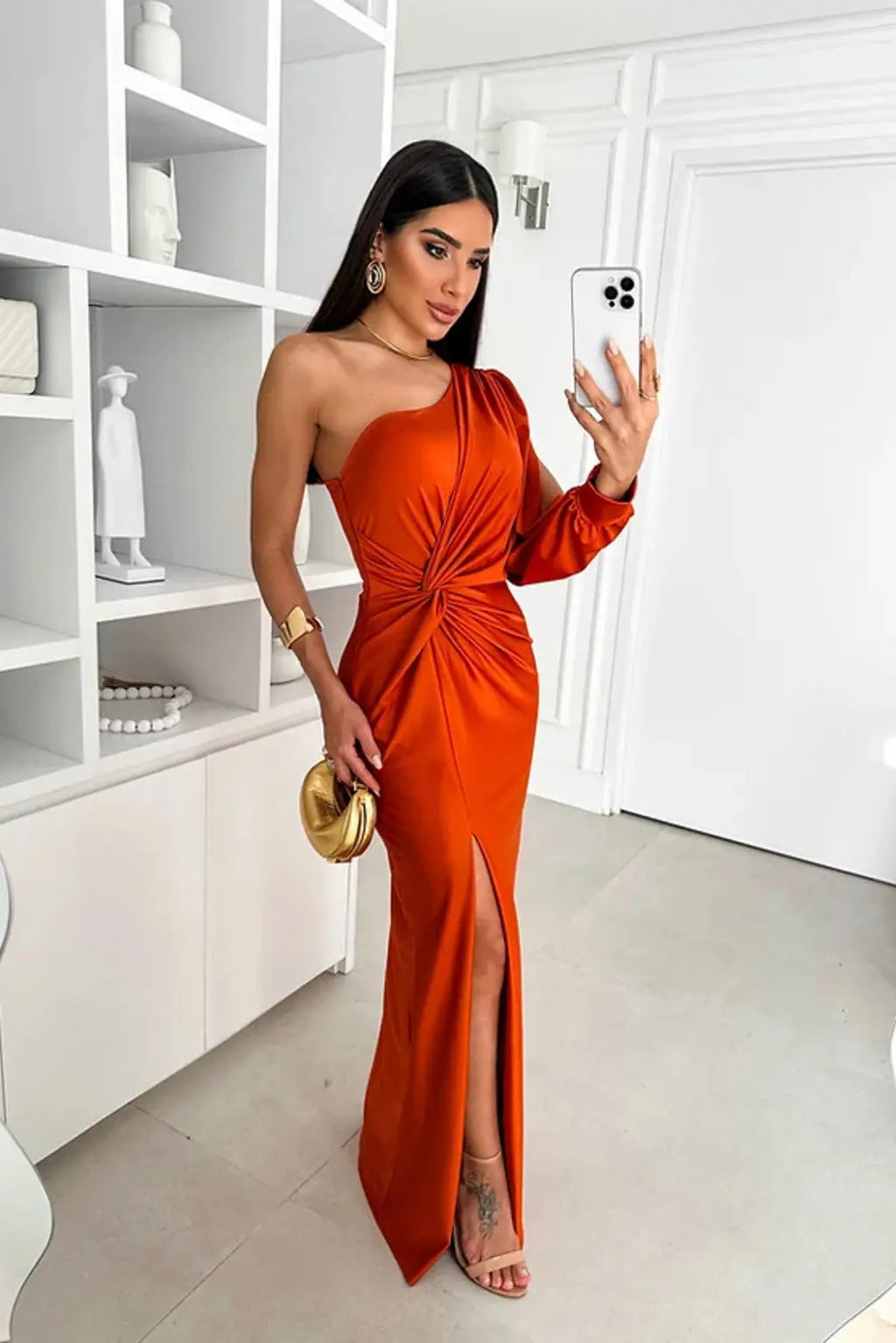 Women's One Shoulder Maxi Dress with Ruched Waist and Thigh Split
