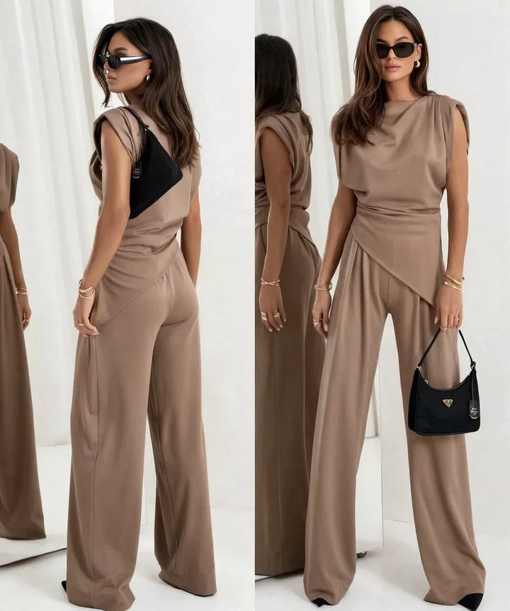 Women's Sleeveless Jumpsuit with Draped Waist and Wide Leg Design