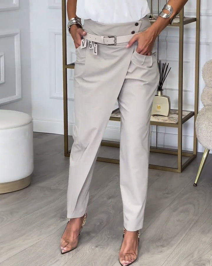Women's Slim Fit Trousers with Mid Rise Waist and Belt Detail