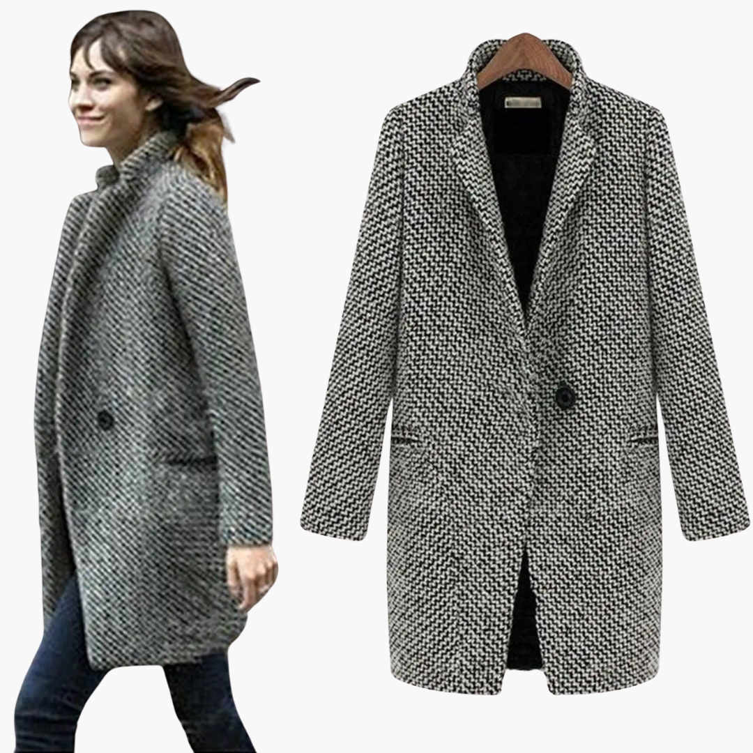 Women's Herringbone Coat with Notch Lapels and Double Breasted Front