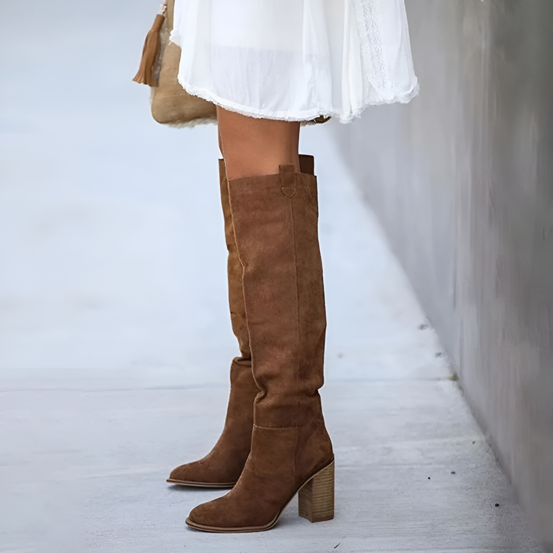 Women's Knee High Boots with Pointed Toe and Block Heel