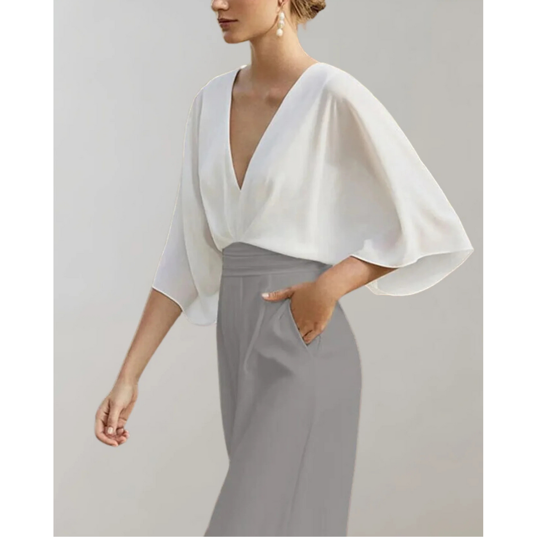 Women's Wide Leg Jumpsuit with V Neck and Short Sleeves