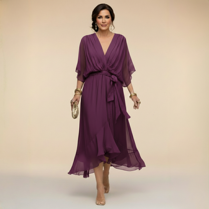Women's Wedding Guest Midi Dress with V Neck and Flutter Sleeves