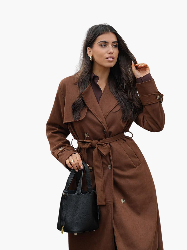 Women's Double Breasted Trench Coat with Belted Waist and Notch Lapel