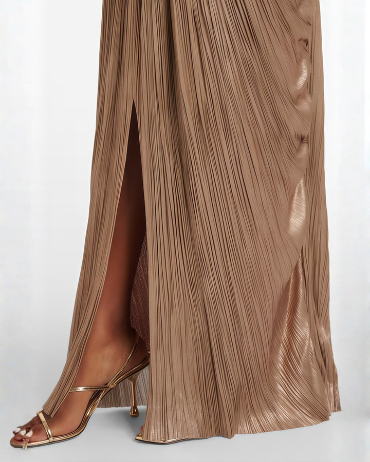Women's Wedding Guest Maxi Dress with Pleated Bustier and Lace Up Back
