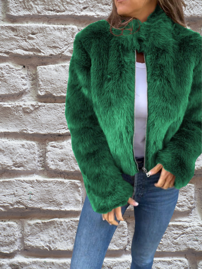 Women's Faux Fur Jacket with High Neck and Zip Front