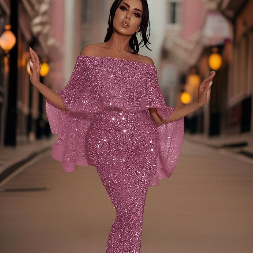 Women's Sequin Maxi Dress with Bardot Neckline and Ruffle Sleeves