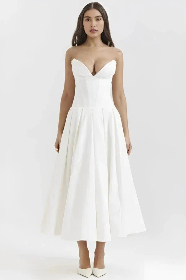 Women's Wedding Guest Corset Midi Dress with Full Skirt