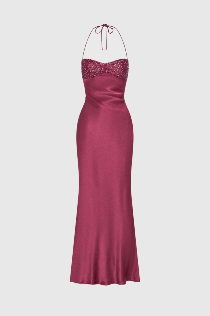 Women's Evening Maxi Dress with Embellished Bodice and Lace Up Back