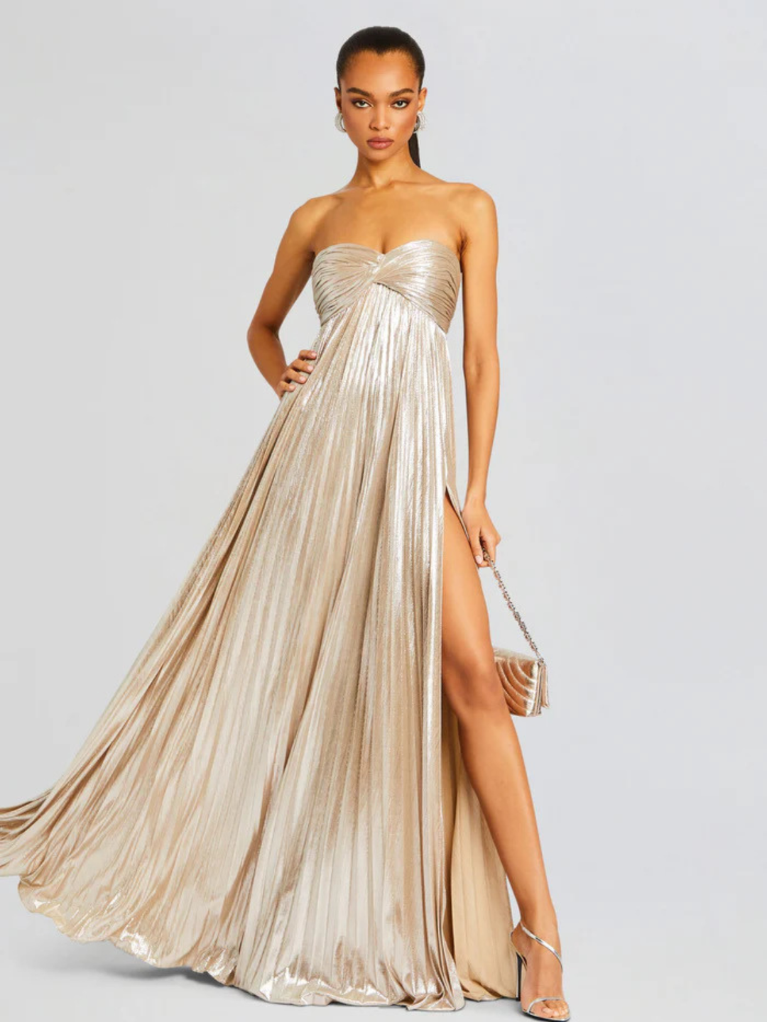 Women's Evening Strapless Maxi Dress with Twisted Bodice and High Slit