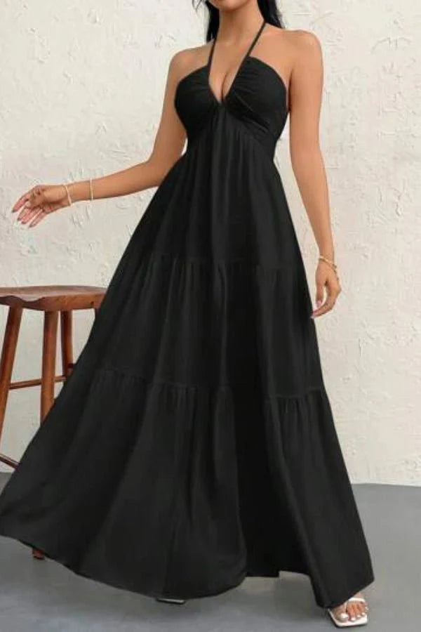 Women's Evening Halter Maxi Dress with Open Back