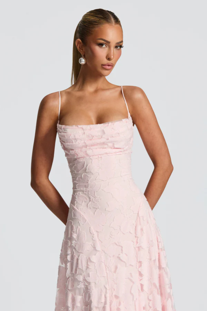 Women's Wedding Guest Maxi Dress with Floral Lace and Square Neckline
