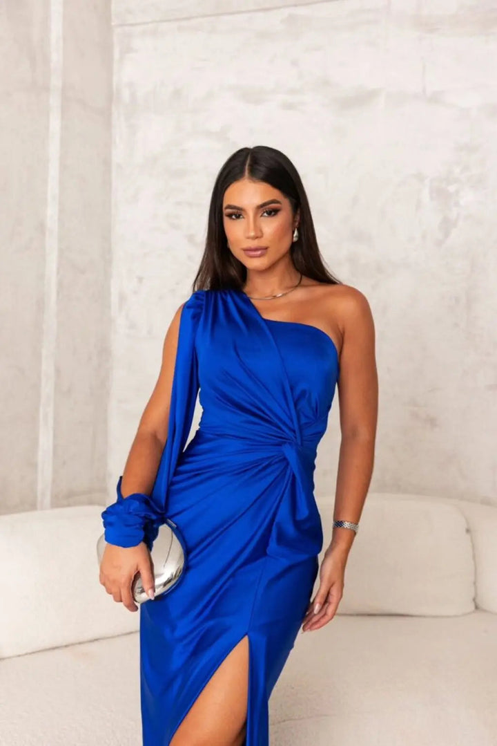 Women's One Shoulder Maxi Dress with Ruched Waist and Thigh Split