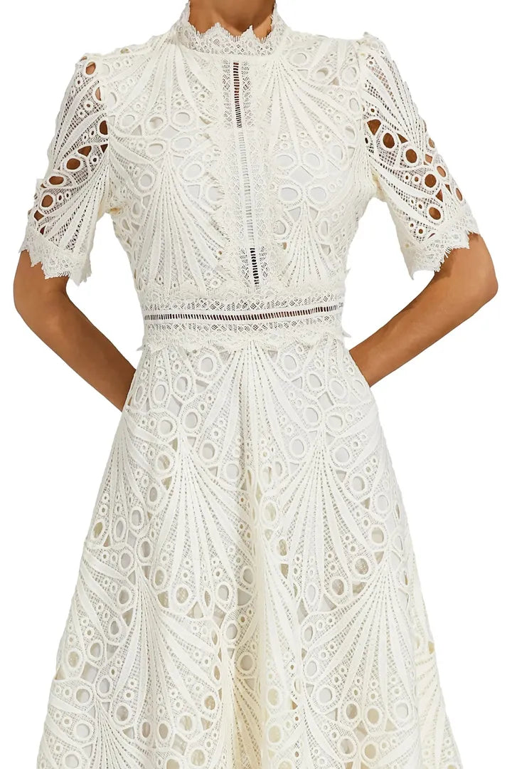 Women's Wedding Guest Lace Midi Dress with High Neck and Short Sleeves