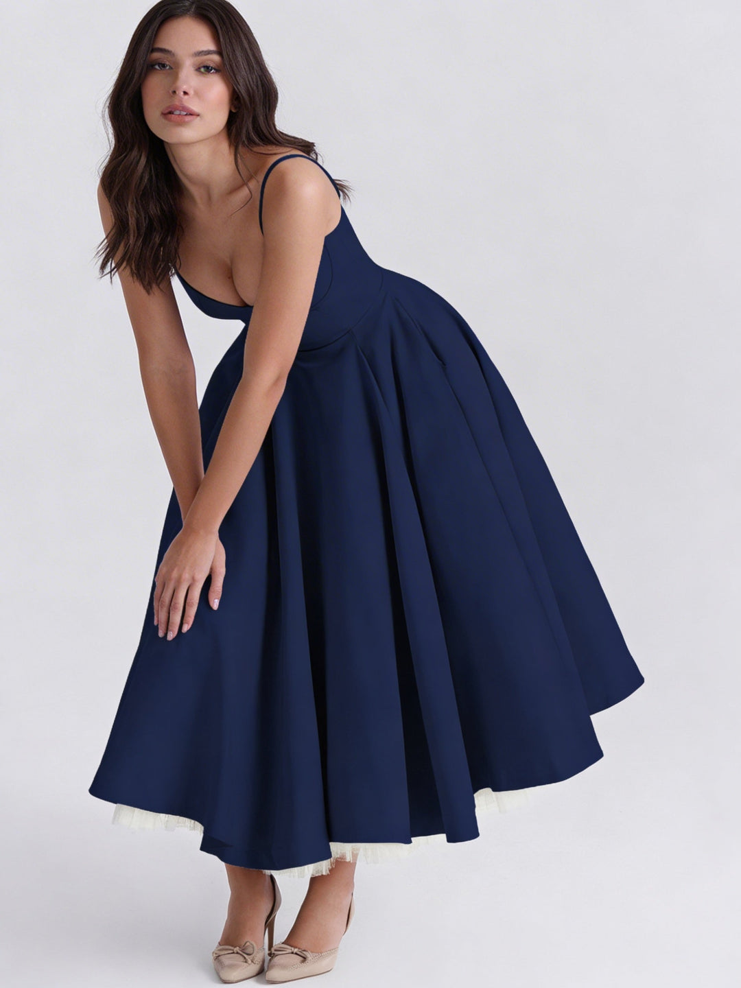 Women's Wedding Guest Midi Dress with Sweetheart Neckline and Fit and Flare Skirt