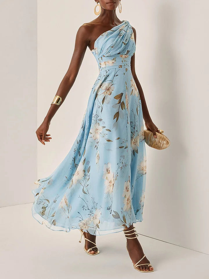Women's Wedding Guest Midi Dress with One Shoulder and Floral Print