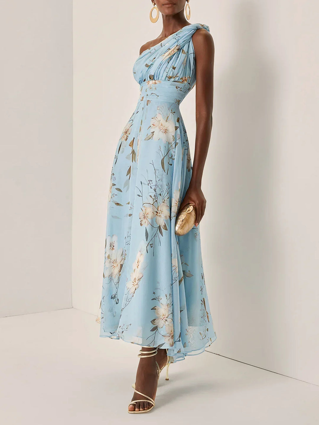 Women's Wedding Guest Midi Dress with One Shoulder and Floral Print