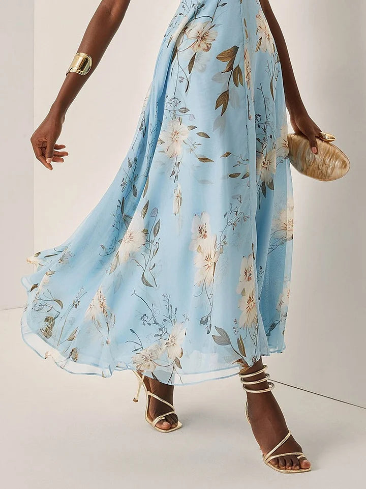Women's Wedding Guest Midi Dress with One Shoulder and Floral Print