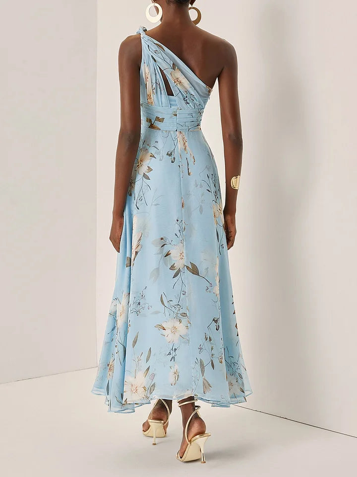 Women's Wedding Guest Midi Dress with One Shoulder and Floral Print