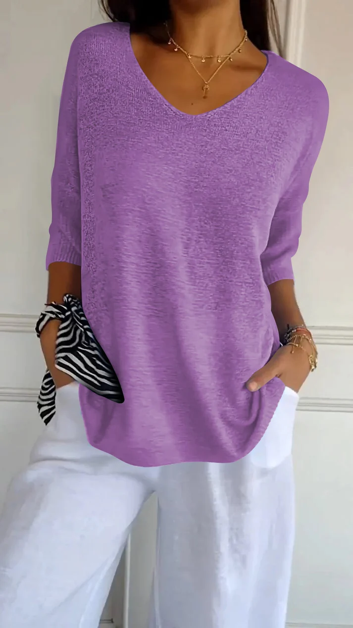 Women's V Neck Blouse with 3/4 Sleeves and Curved Hem