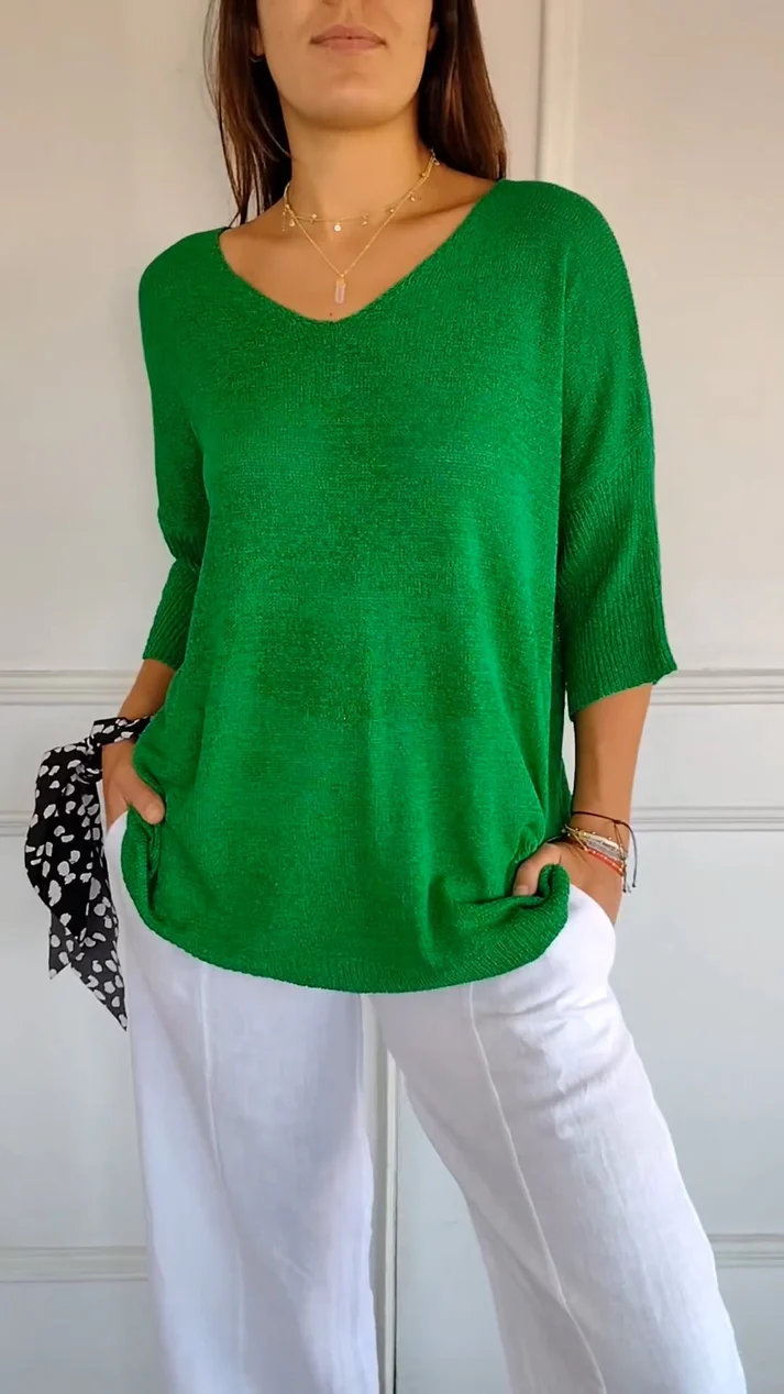 Women's V Neck Blouse with 3/4 Sleeves and Curved Hem
