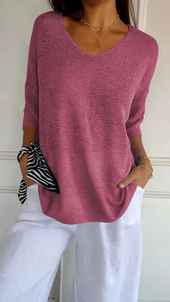 Women's V Neck Blouse with 3/4 Sleeves and Curved Hem