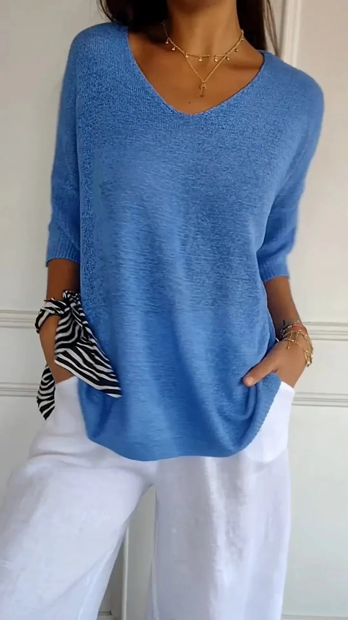 Women's V Neck Blouse with 3/4 Sleeves and Curved Hem