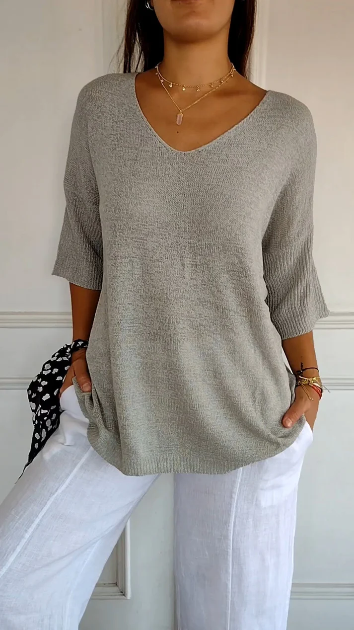 Women's V Neck Blouse with 3/4 Sleeves and Curved Hem