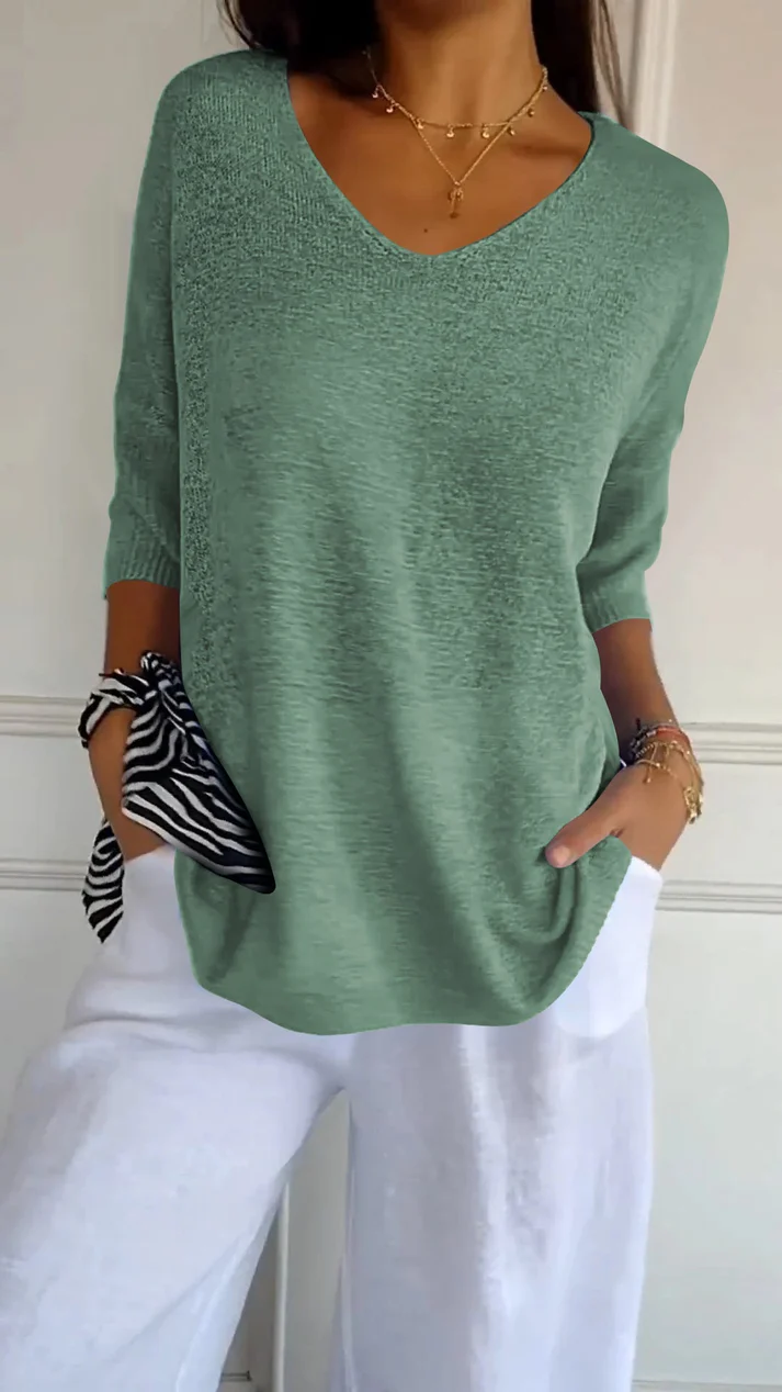 Women's V Neck Blouse with 3/4 Sleeves and Curved Hem