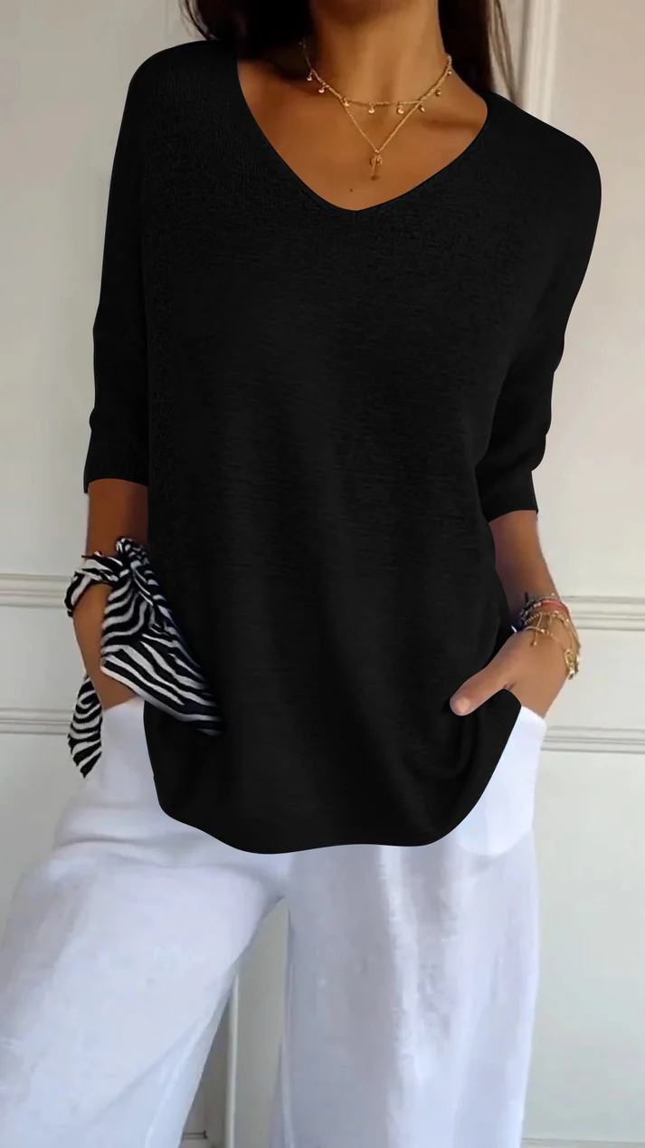 Women's V Neck Blouse with 3/4 Sleeves and Curved Hem