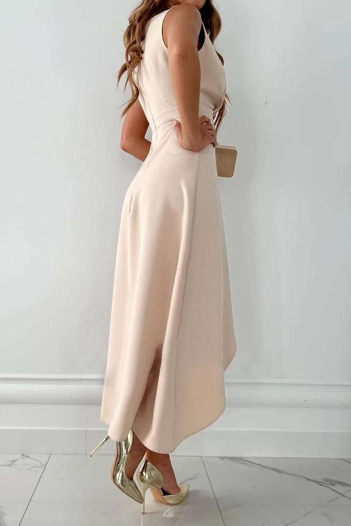 Women's Wedding Guest Midi Dress with V Neck and Draped Skirt