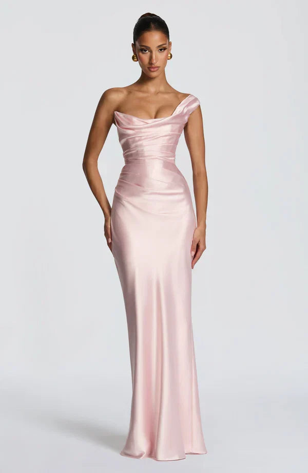Women's Evening Maxi Dress with Off Shoulder Neckline and Satin Finish