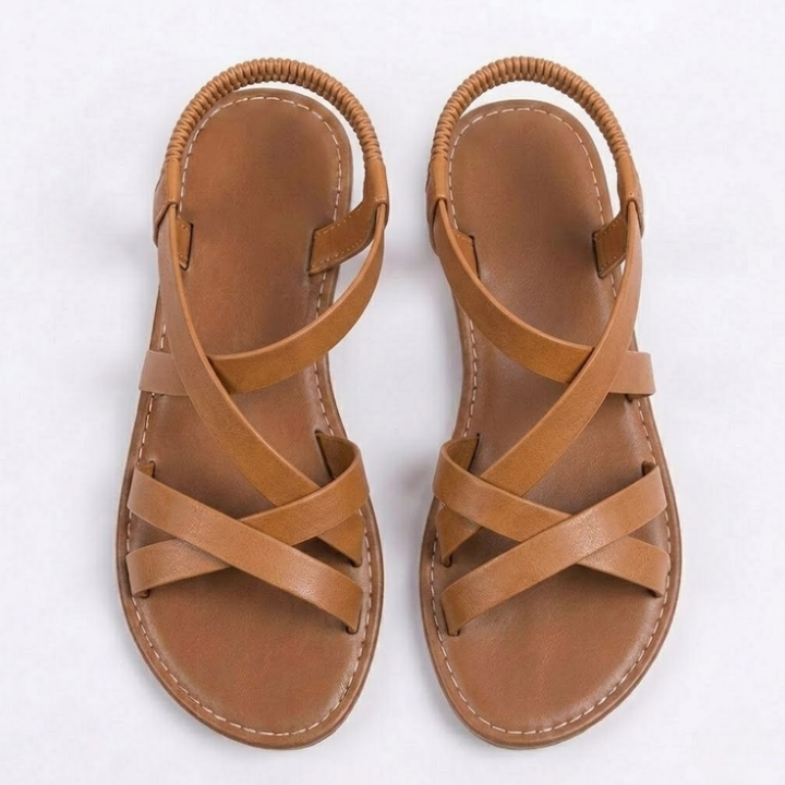 Women's Flat Sandals with Cross Strap Design and Ankle Buckle