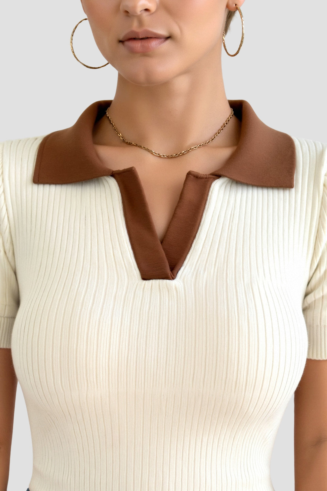 Women's Ribbed Top with Collared Neckline and Short Sleeves