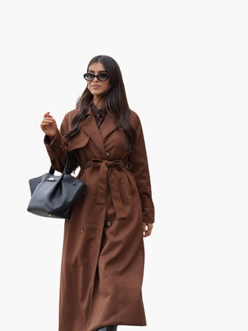 Women's Double Breasted Trench Coat with Belted Waist and Notch Lapel