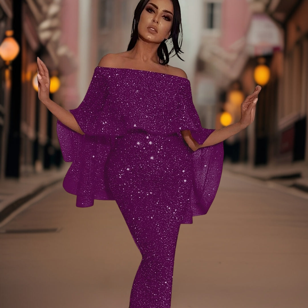 Women's Sequin Maxi Dress with Bardot Neckline and Ruffle Sleeves