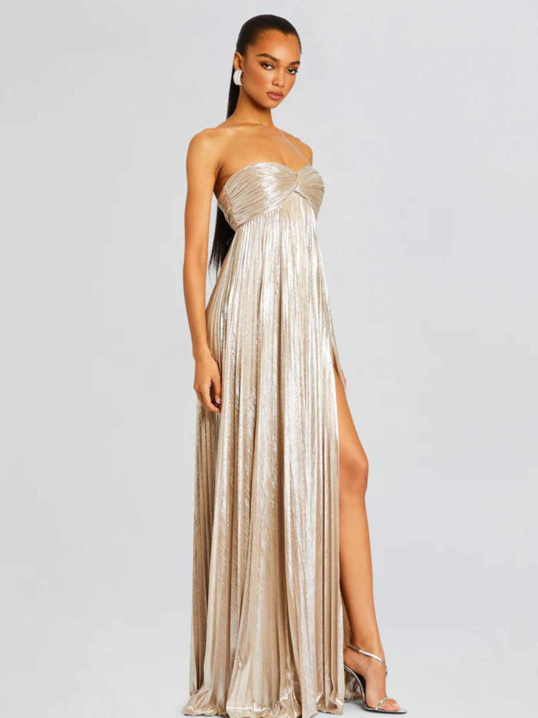 Women's Evening Strapless Maxi Dress with Twisted Bodice and High Slit
