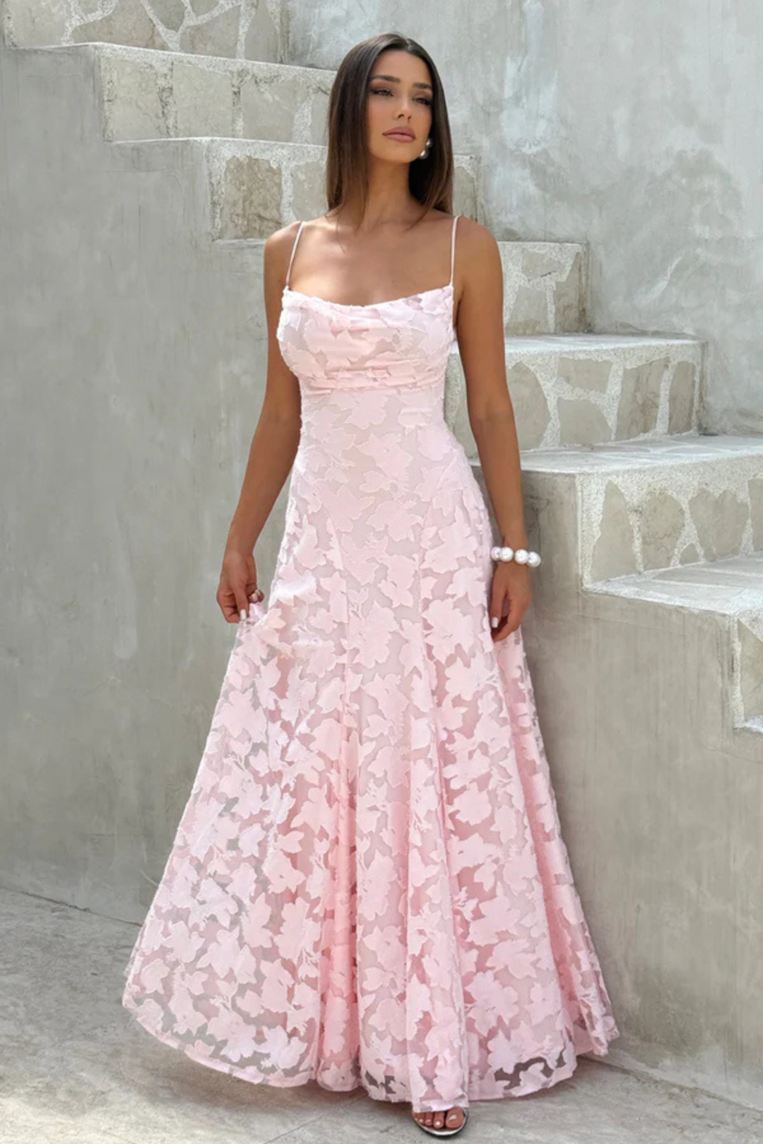 Women's Wedding Guest Maxi Dress with Floral Lace and Square Neckline