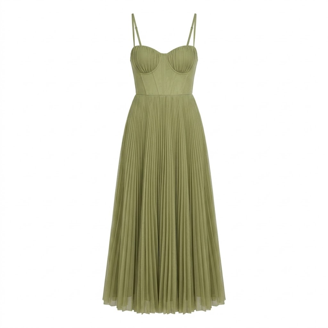 Women's Wedding Guest Strapless Midi Dress with Pleated Skirt