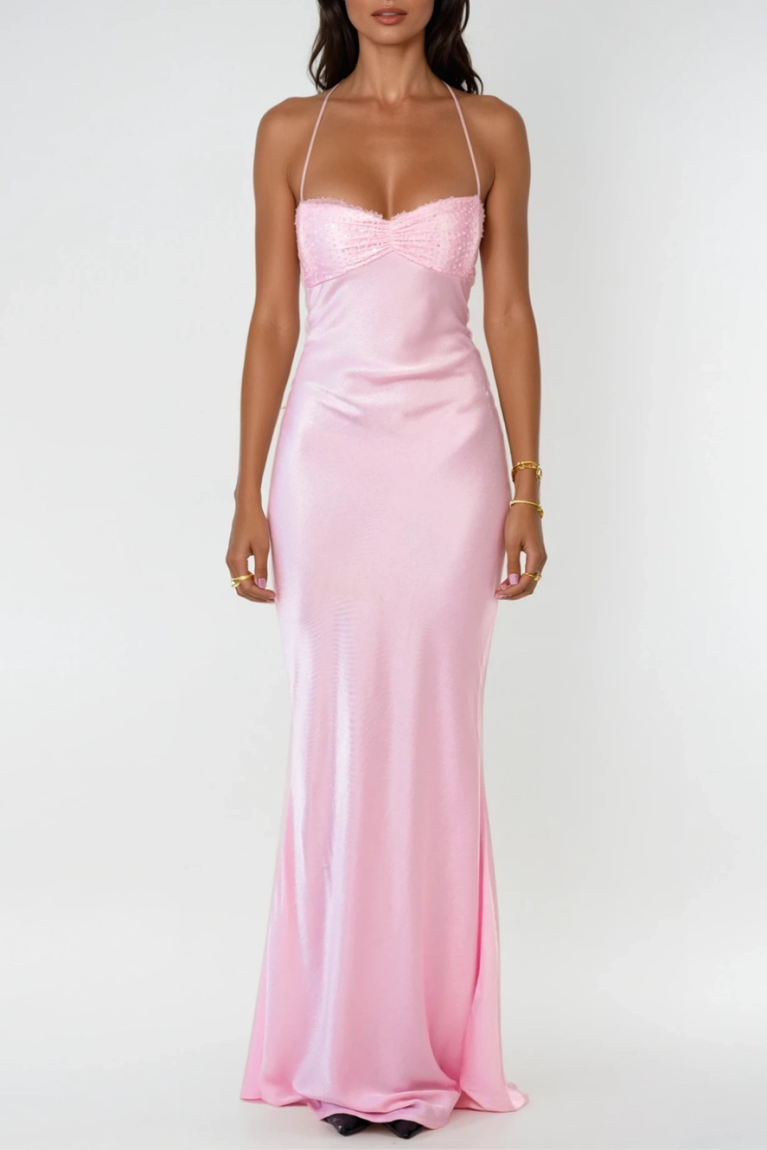 Women's Evening Maxi Dress with Embellished Bodice and Lace Up Back