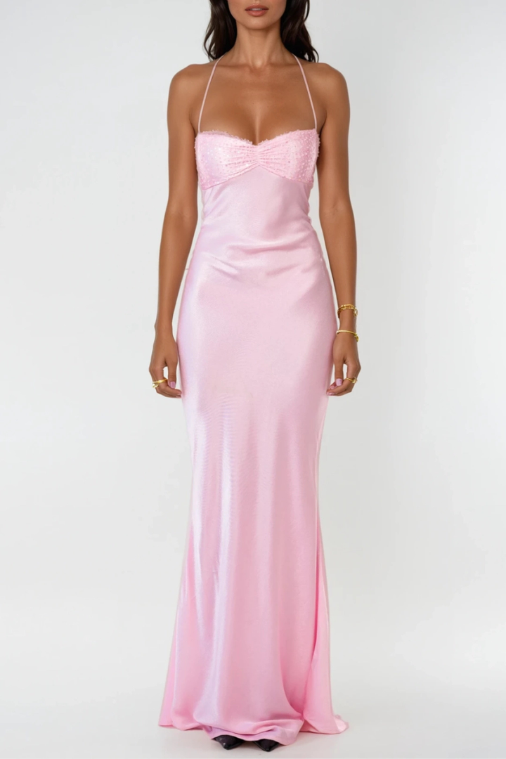 Women's Evening Maxi Dress with Embellished Bodice and Lace Up Back
