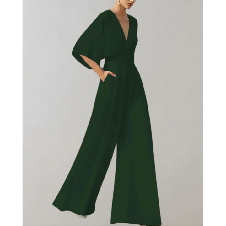 Women's Wide Leg Jumpsuit with V Neck and Short Sleeves