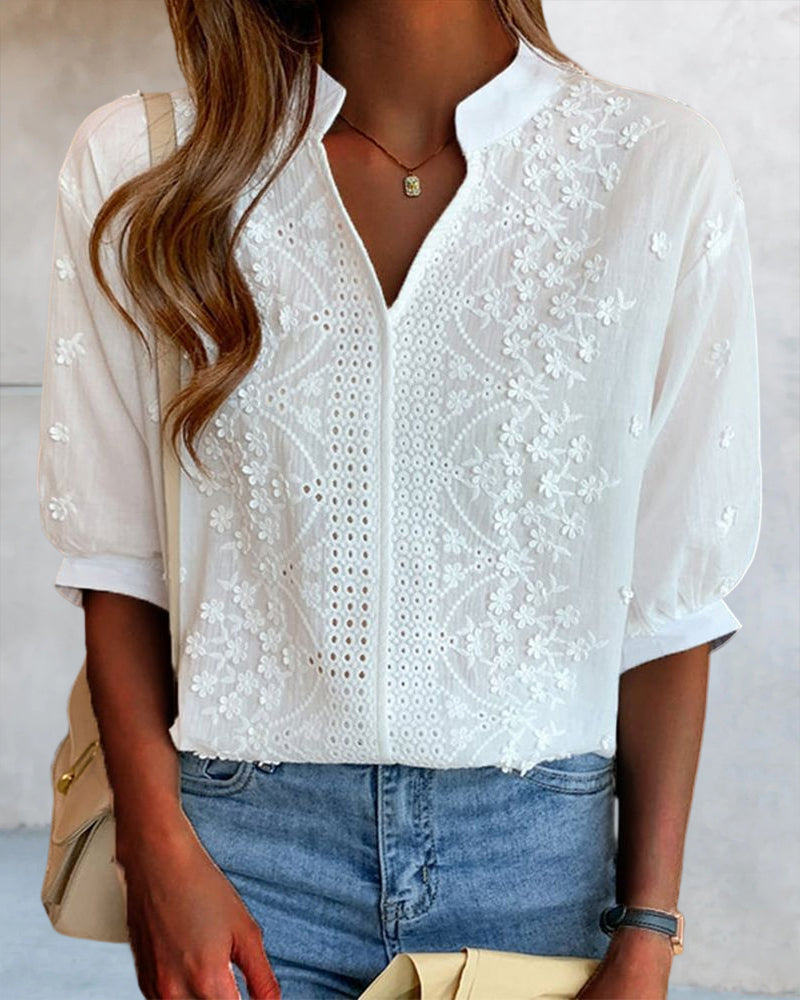 Women's V Neck Blouse with Puff Sleeves and Embroidered Detail