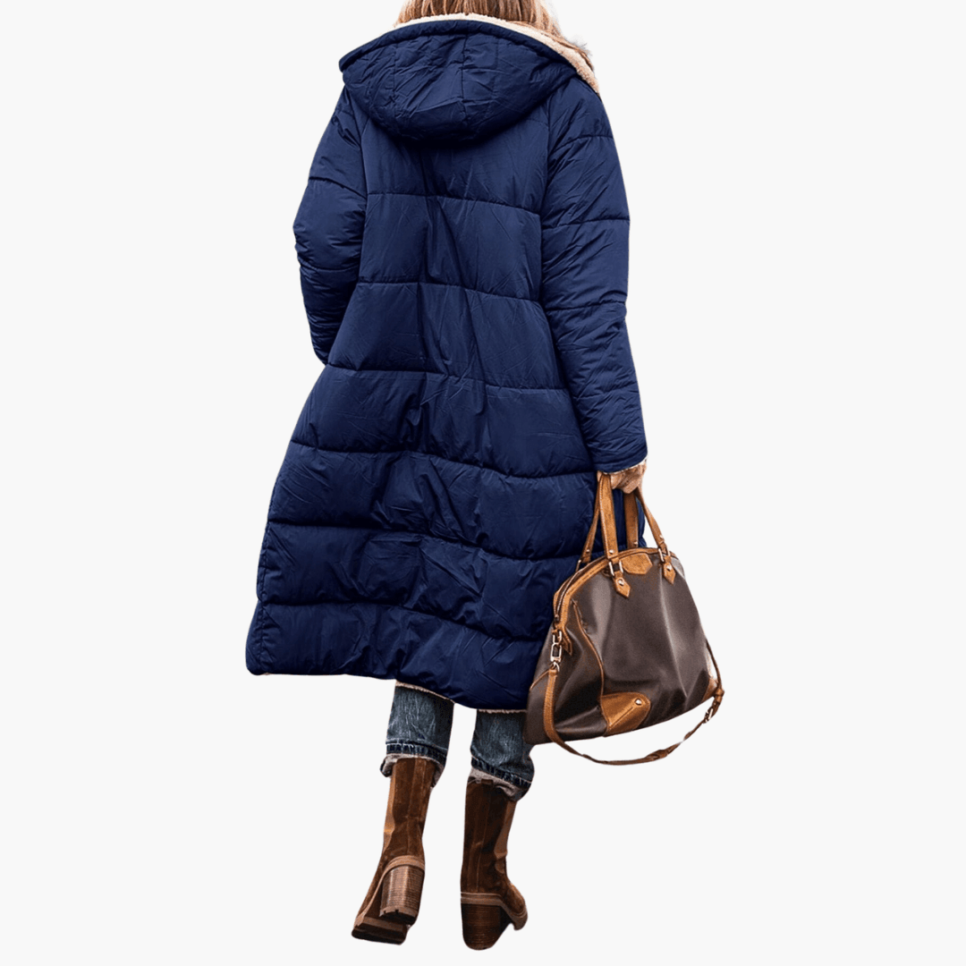 Women's Longline Puffer Coat with Hood and Quilted Design