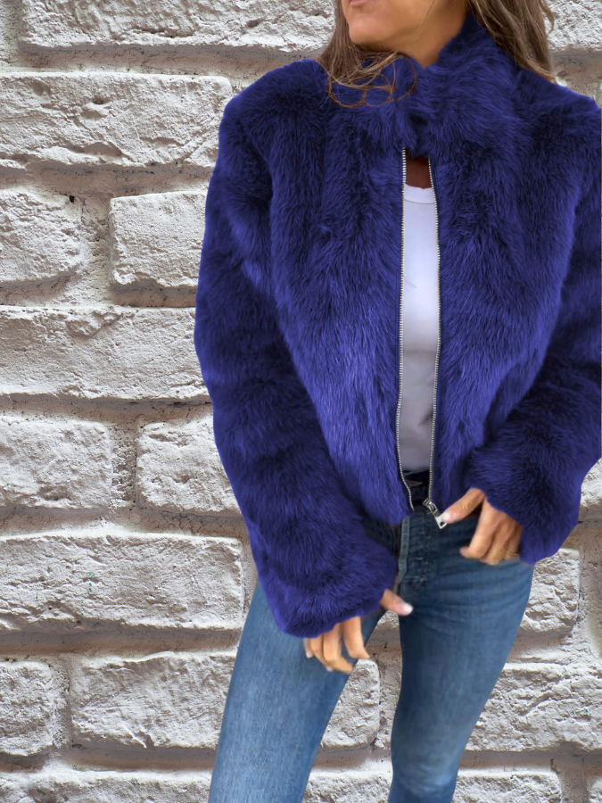 Women's Faux Fur Jacket with High Neck and Zip Front